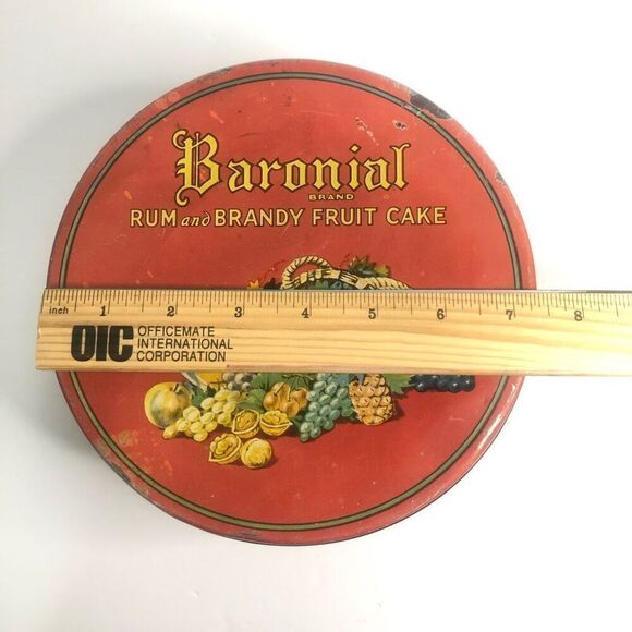 vtg baronial brand rum and brandy fruit cake metal tin round red htf as is - Picture 3 of 15